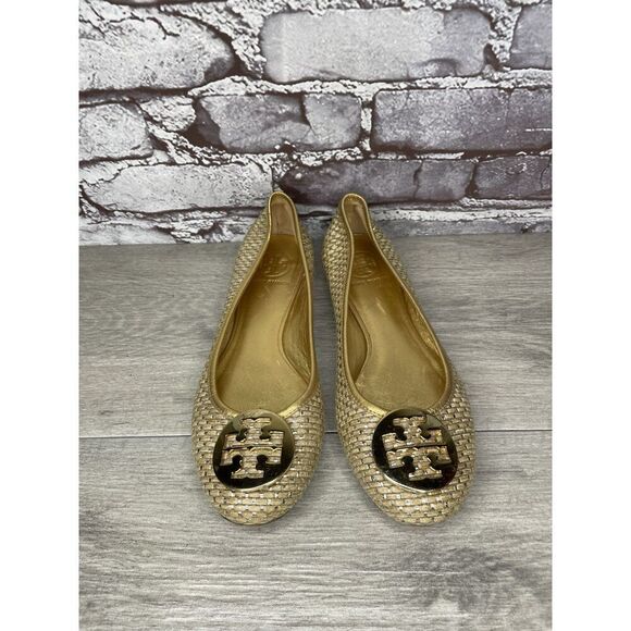 Tory Burch Straw Reva Gold Leather Logo Ballet Flats Women’s Sz 7.5M US/38EU - Picture 11 of 16
